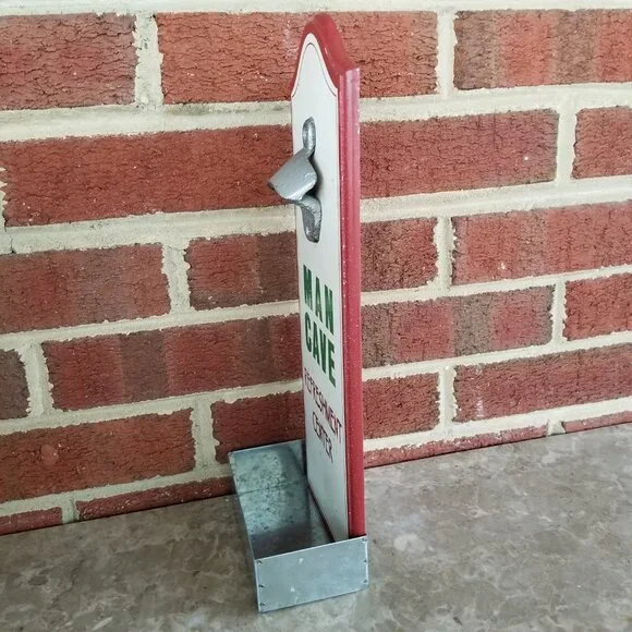 'Man Cave Refreshment Center' Bottle Opener/Cap Catcher Wall Sign Panel - Picture 2 of 12